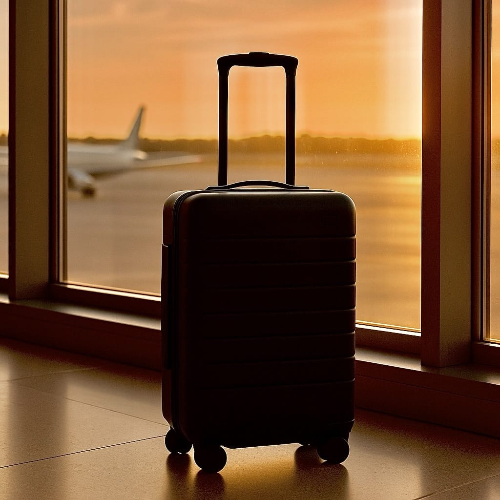 Away Luggage: Travel Smarter, Pack Lighter 10 Away carry-on suitcase by airport window with soft sunlight — minimalist design for modern travel.