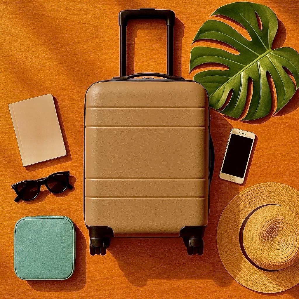 Baggu | Sustainable Style for Every Latin American Journey 10 Luxury Baggu carry-on luggage and pastel travel totes in a tropical setting with palm shadows and ocean light