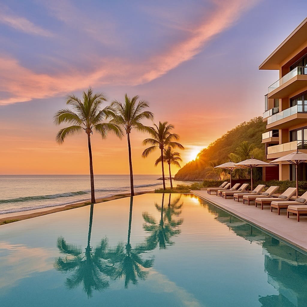 Tafer Hotels & Resorts | Mexico’s Art of Refined Coastal Living 10 Sunset over infinity pool and palm trees at Tafer Hotels & Resorts in Mexico overlooking the Pacific Ocean