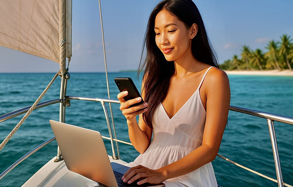 Yesim eSIM | Seamless Connection for the Modern Traveler 10 Stylish woman on tropical sailboat using smartphone to activate Yesim eSIM under sunlight over turquoise ocean