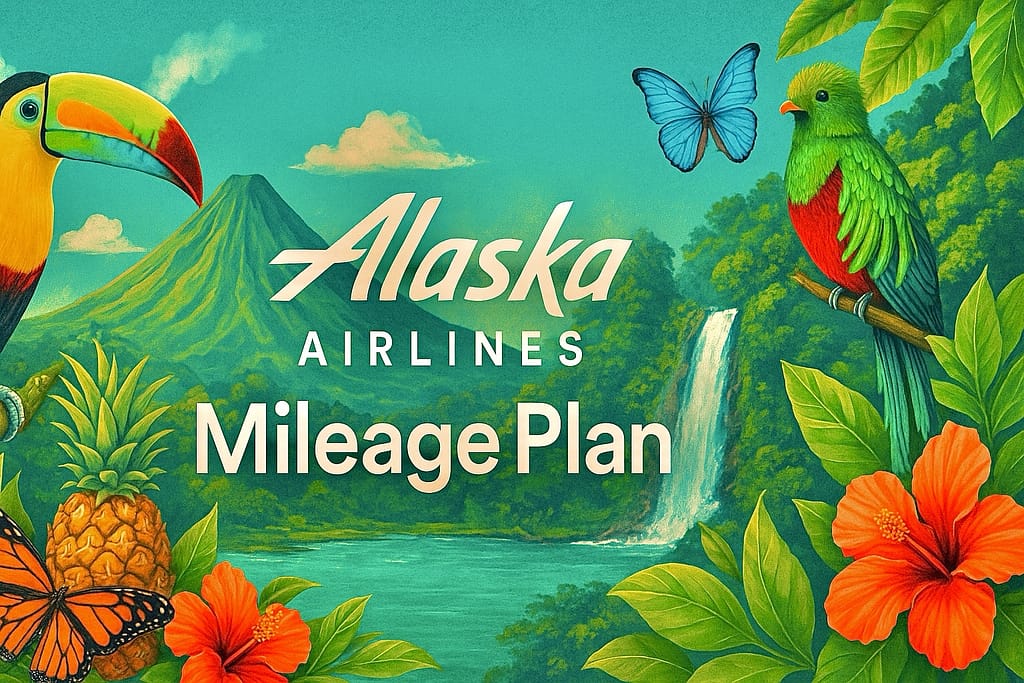 Alaska Airlines Mileage Plan: Explore Costa Rica 10 Alaska Airlines Mileage Plan logo centered over Costa Rican rainforest with volcano, waterfall, toucan, quetzal, and tropical flowers.