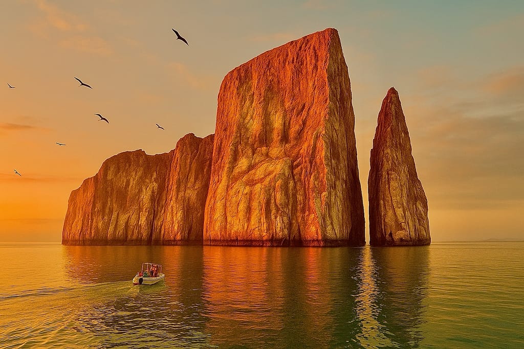A Morning at Kicker Rock — Galápagos’ Natural Cathedral 10 Sunset view of Kicker Rock (León Dormido) in the Galápagos Islands, Ecuador. A small boat approaches the twin volcanic formations glowing gold in the evening light, with seabirds flying overhead.
