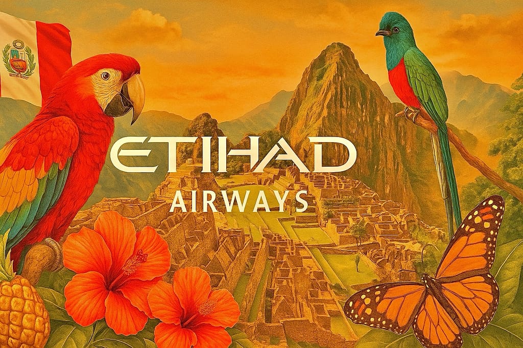 Etihad Airways: Latin America Travel 10 Etihad Airways logo centered over Machu Picchu and Sacred Valley with llamas, Andean textiles, and golden sunlight in an editorial luxury collage.