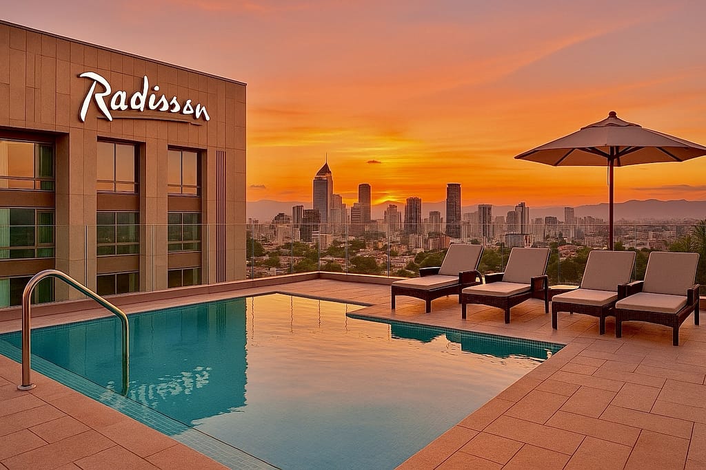 Radisson Hotels: Effortless Escapes Across Latin America 6 Radisson Hotel rooftop pool with city skyline at sunset in Latin America.