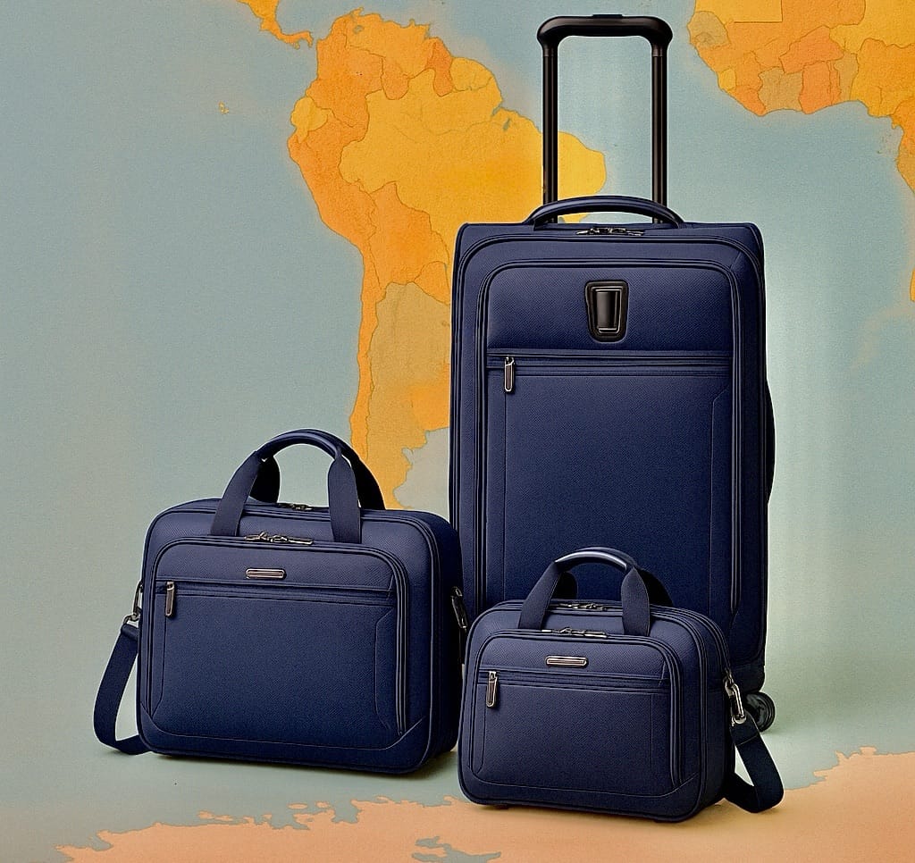 Travelpro Gear: Perfect for Latin American Travel 10 Travelpro luggage set in front of a Latin American map, editorial banner style, neutral background and warm tones.