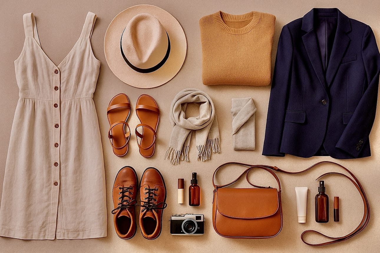 Planning a Mexico Escape with Ease: Why We Love Trip.com for Effortless Travel 16 Flatlay of seasonal travel essentials including a linen dress, Panama hat, sweater, blazer, sandals, boots, scarf, camera, and travel accessories arranged on a beige background.