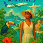 Fly Latin America with Copa Airlines: Seamless Journeys Across the Continent 10 Copa Airlines poster with tropical beaches, palm trees, and Latin American skyline under a golden sunset.