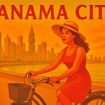 Panama City by Cruiser Bike: Skyline Paths and Seaside Promenades 18 Vintage travel poster of a woman on a cruiser bike riding along the Panama City waterfront with skyscrapers in the background at sunset.