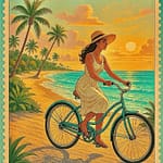 Punta Cana by Cruiser Bike: Tropical Beach Loops & Breezy Village Rides 10 Vintage travel poster of a woman cycling on a teal cruiser bike along a palm-lined beach at sunset in Punta Cana.