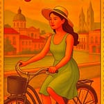 Quito by Cruiser Bike: High-Altitude History on Two Wheels 17 Vintage travel poster of a woman in a green dress riding a cruiser bike through Quito with domed colonial buildings and cathedral towers in the background.