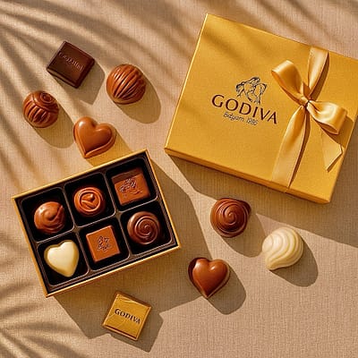 Godiva | The Art of Sweet Luxury 18 Godiva chocolates and gold gift box on beige linen under palm shadows and golden light
