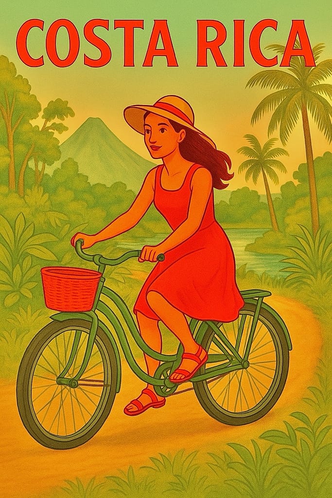 Costa Rica by Cruiser Bike: Volcano Views and Rainforest Roads 17 Woman riding a cruiser bike through tropical greenery in Costa Rica with a volcano and palm trees in the background.
