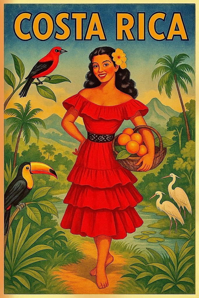 Holiday Traditions in Costa Rica: Tropical Parades, Fireworks and Pura Vida Cheer 10 Vintage travel poster of Costa Rica showing a woman in a red dress holding oranges, surrounded by tropical birds and palm trees.